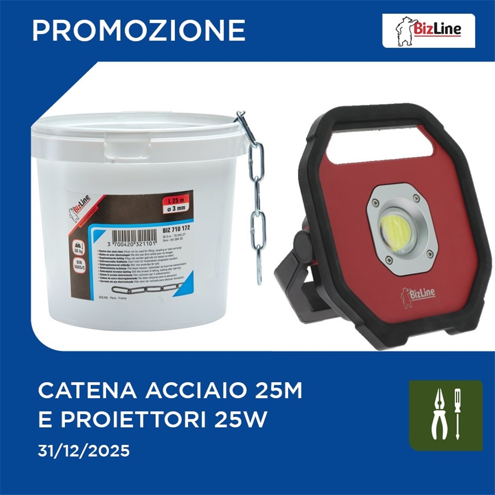 Non perdere la promo Bizline: Catena acciaio 25m e Proiettori 25w
