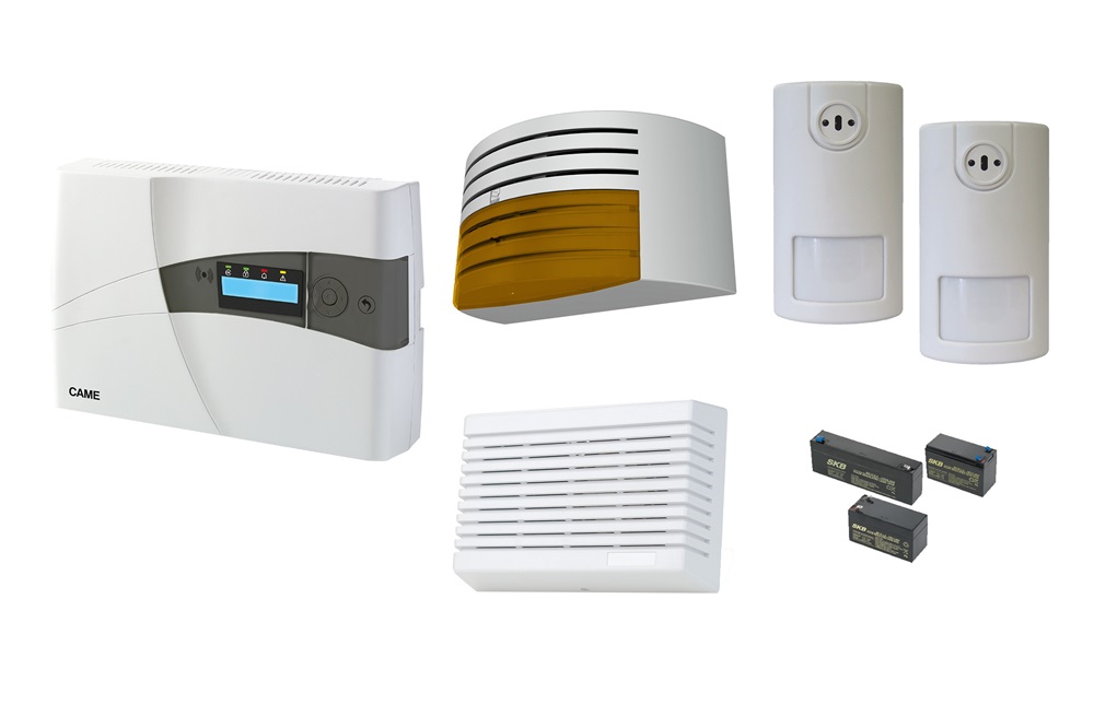 Kit antintrusione filare completo con centralina PXC08, sensori doppia tecnologia, sirene interno/esterno, batterie backup per protezione residenziale e commerciale