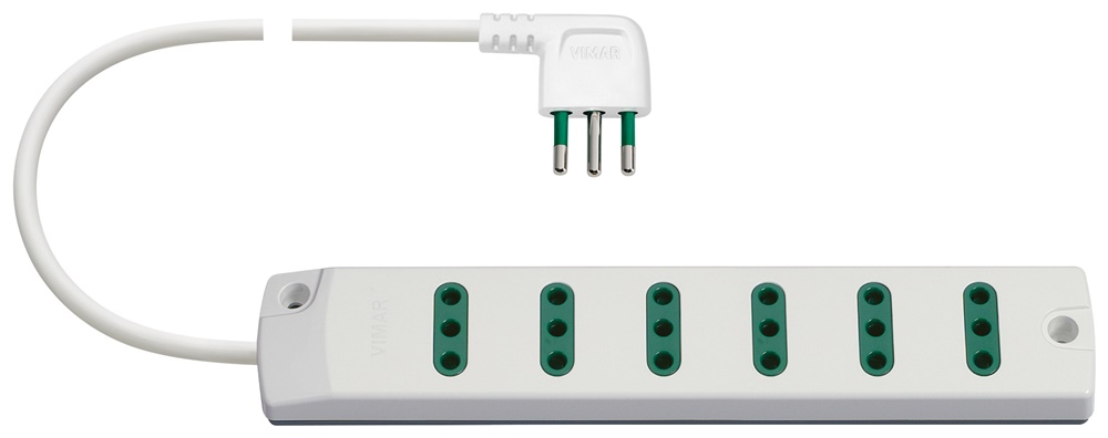 Presa multipla 6 uscite 2P+T 10A 250V cavo 1,5m spina S11 90° bianco