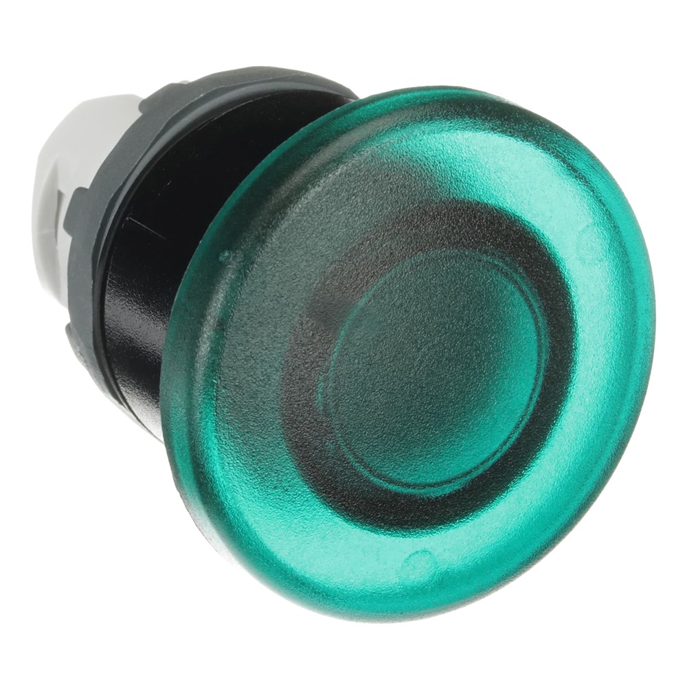 Pulsante fungo verde illuminato 40 mm momentaneo plastica nera per installazione verticale