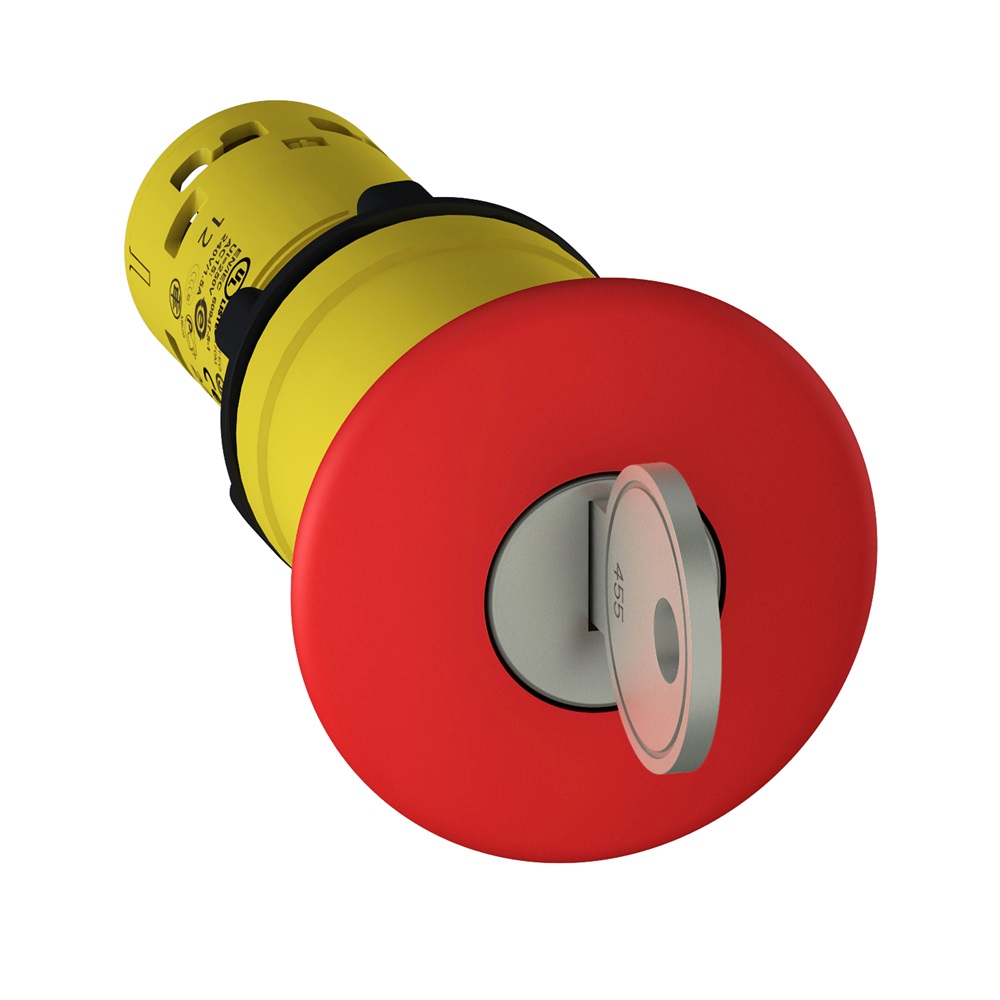Pulsante emergenza Ø22 - rosso - testa fungo Ø40 - sblocco rot.chiave 2 NC