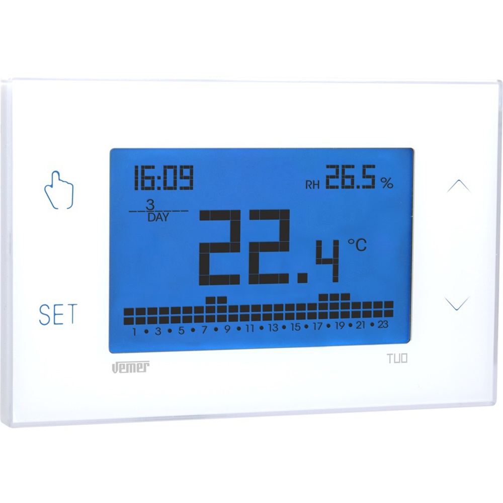 Cronotermostato touch screen programmabile settimanale con display multicolore per controllo temperatura ambiente da parete