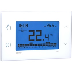 Cronotermostato touch screen programmabile settimanale con display multicolore per controllo temperatura ambiente da parete