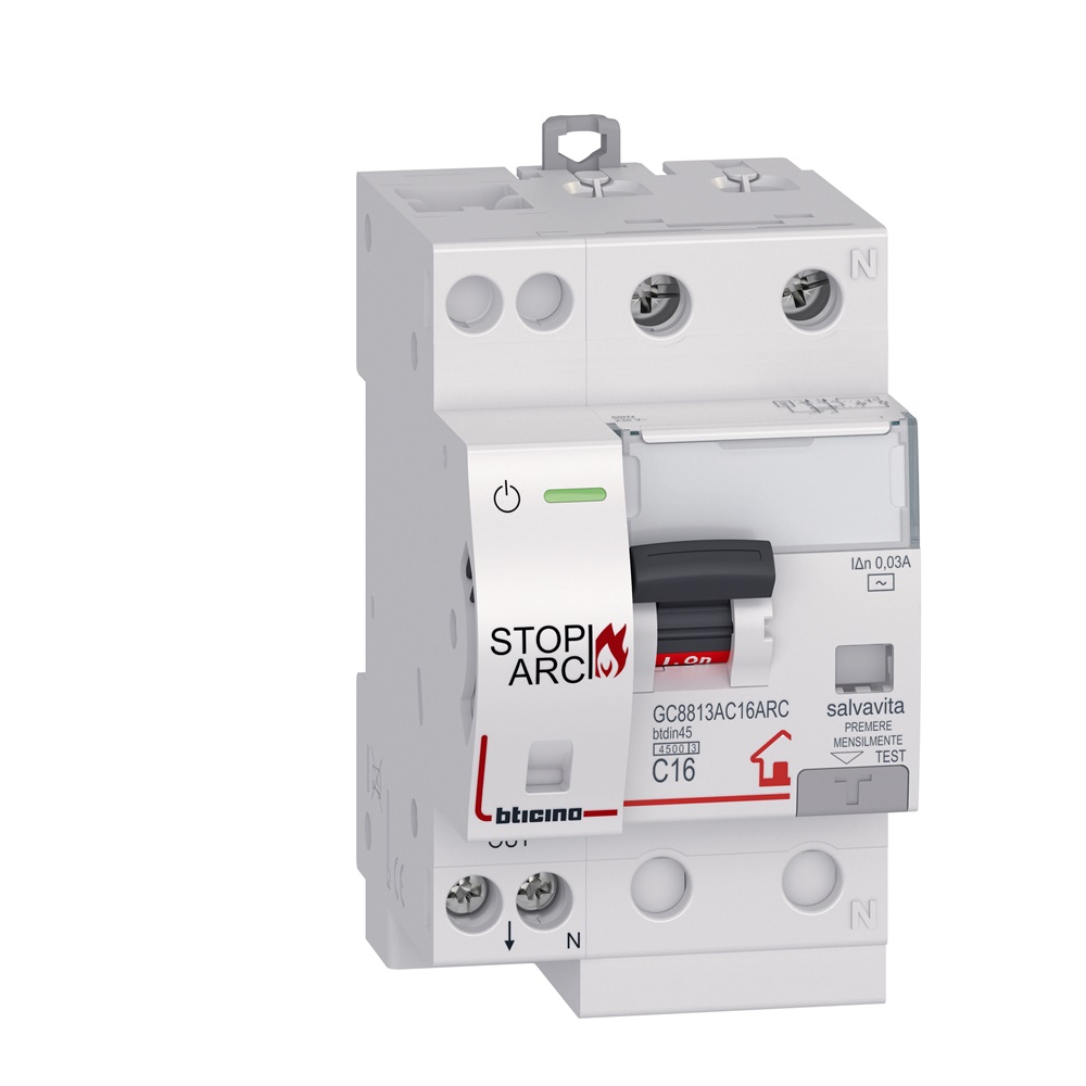 Interruttore magnetotermico differenziale BTDIN STOP ARC 1P+N 16A 30mA curva C 230V AC sicurezza elettrica