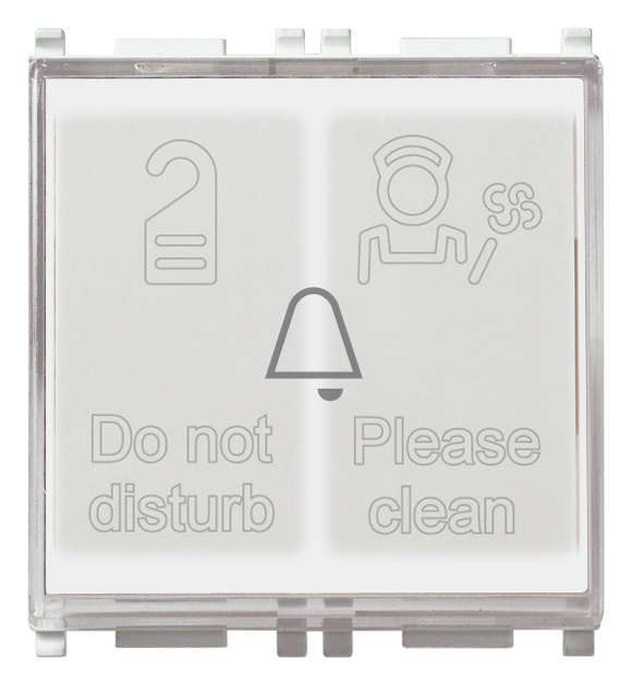 Pulsante 1P NO 10A 250V con 2 spie luminose hotel Do Not Disturb Please Clean 230V bianco 2 moduli