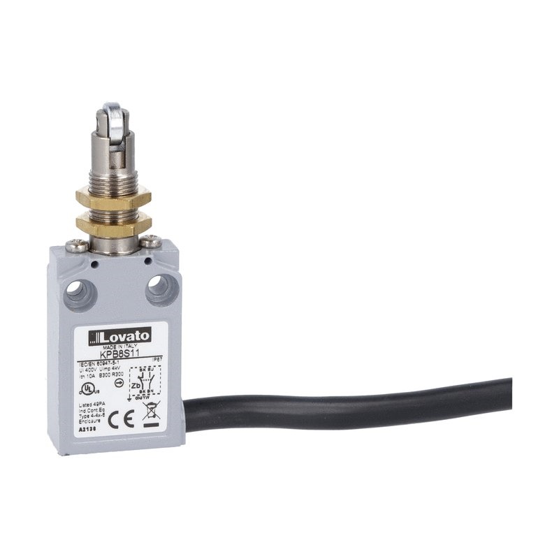 Finecorsa metallico precablato serie K asta con rotella 90° contatti 1NA+1NC scatto fissaggio M12
