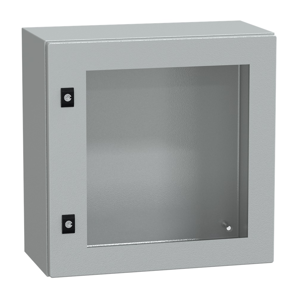 Cassetta acciaio montaggio parete 500x500x250 porta trasparente vetro Securit IP66 IK08 grigio RAL7035