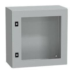 Cassetta acciaio montaggio parete 500x500x250 porta trasparente vetro Securit IP66 IK08 grigio RAL7035