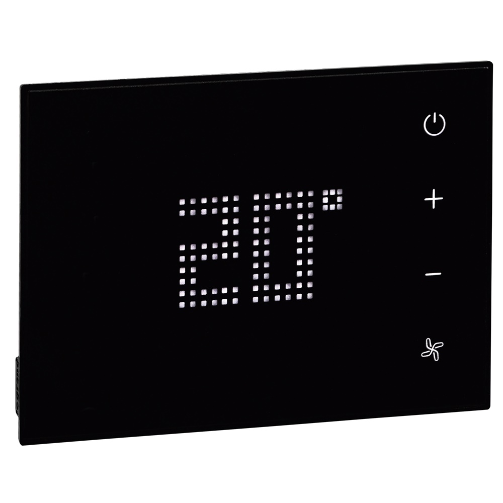 Termostato bus con display touch retroilluminato, controllo temperatura singola zona, gestione fan-coil, montaggio 3 moduli, placca nera, per sistemi automazione domestici e industriali