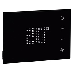 Termostato bus con display touch retroilluminato, controllo temperatura singola zona, gestione fan-coil, montaggio 3 moduli, placca nera, per sistemi automazione domestici e industriali
