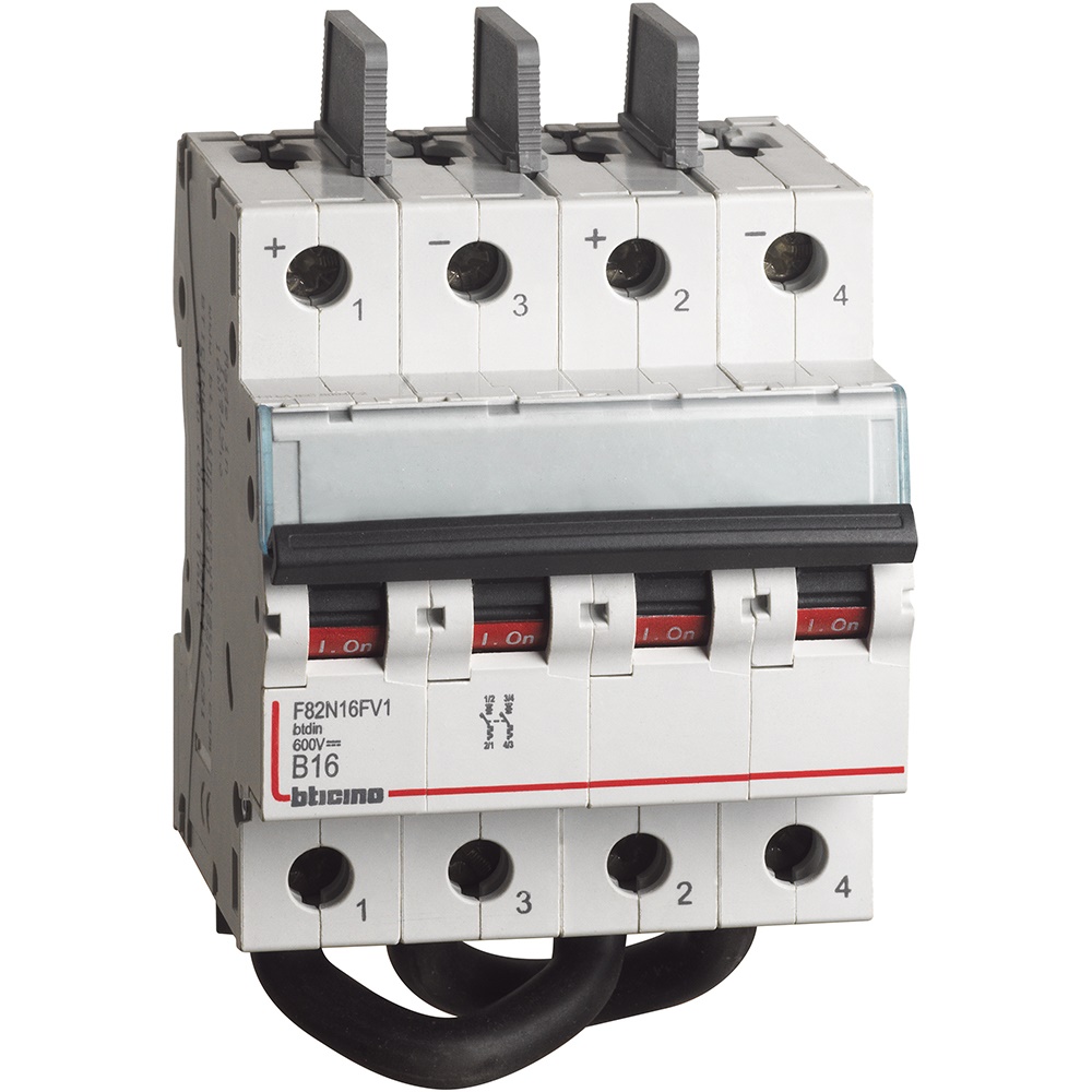 Interruttore magnetotermico bipolare 16A 600V DC per impianti fotovoltaici e uso industriale