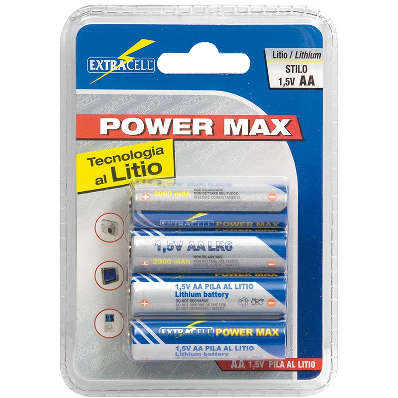 Pila litio AA 1,5V 2900mAh alta capacità 4 pezzi per dispositivi elettronici