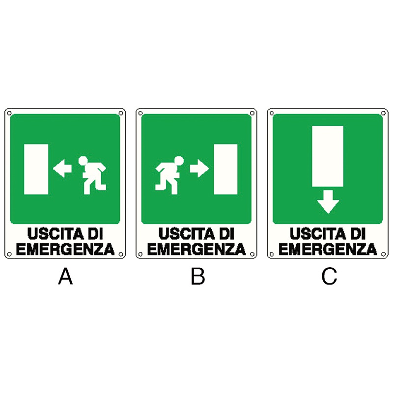 Cartello uscita emergenza sinistra materiali resistenti alta visibilità ambienti industriali e commerciali