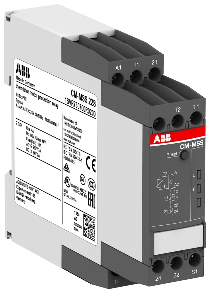Relè protezione motore termistore CM-MSS.22P 24VAC/DC 2 contatti cambio, monitoraggio PTC, reset automatico/manuale, tecnologia Easy Connect, uso industriale