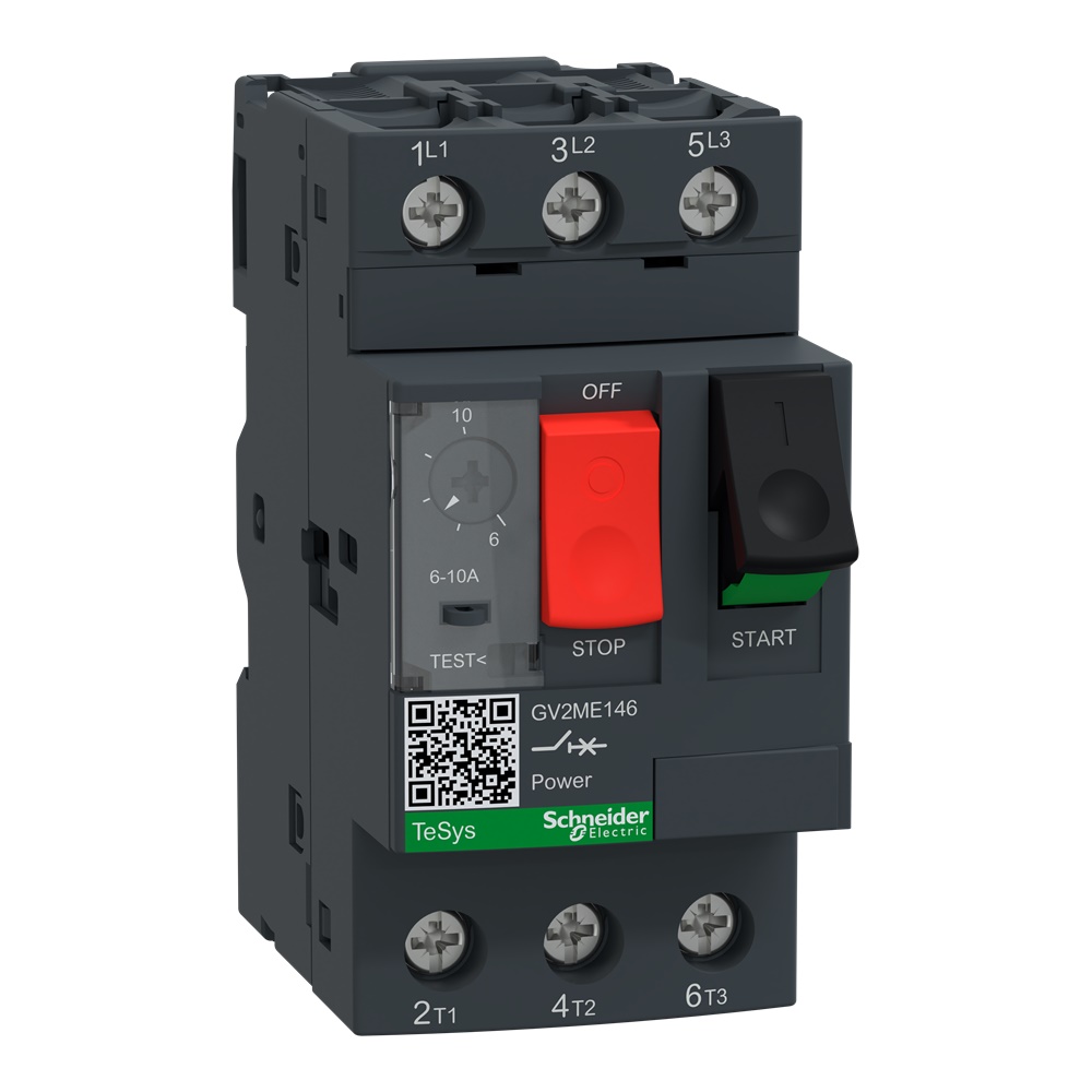 Interruttore automatico magnetotermico GV2ME con controllo a pulsante e range protezione termica da 6 A a 10 A, 3P, connessione a occhiello