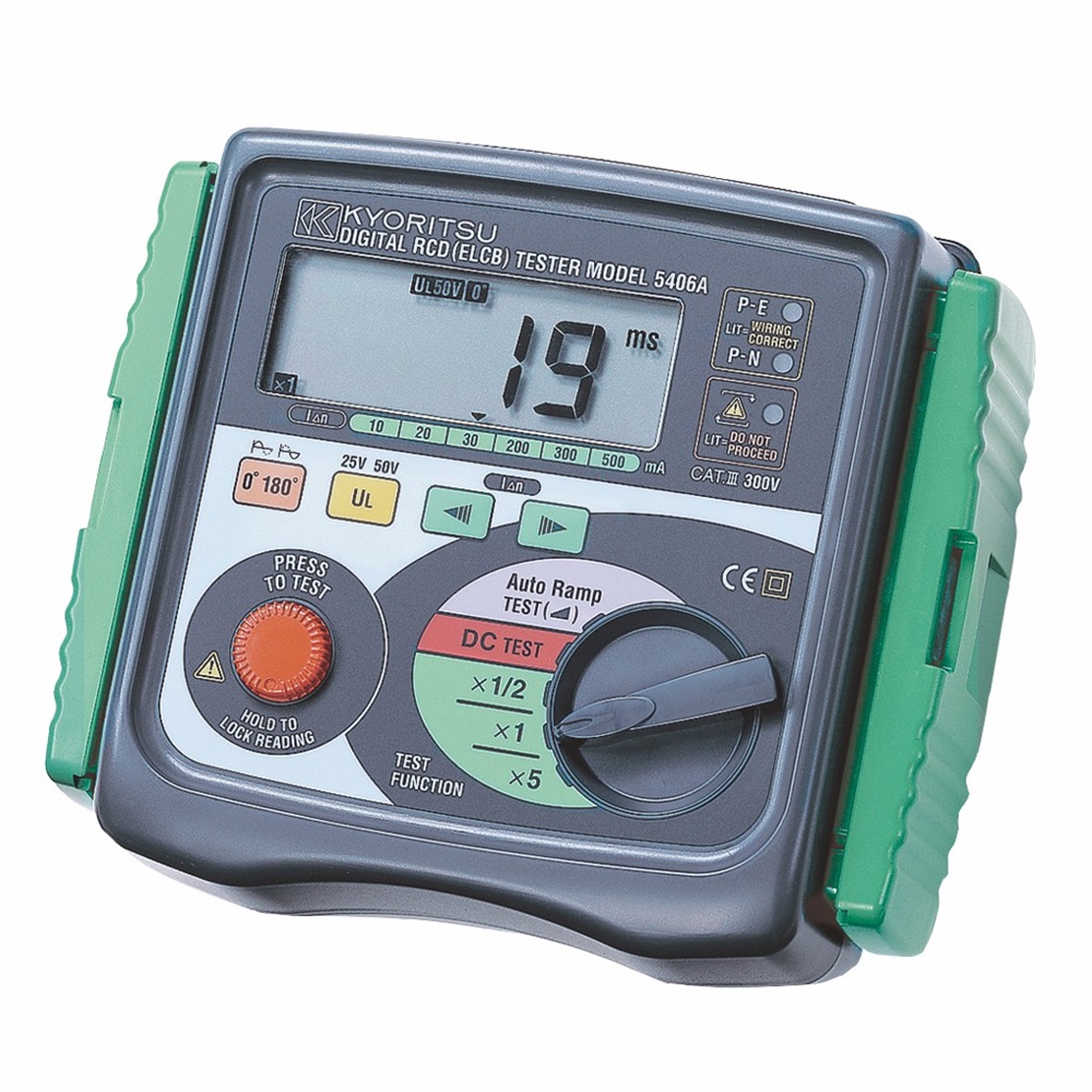 Tester misura RCD professionale per interruttori differenziali tipo AC e A con display LCD retroilluminato e terminali di test inclusi