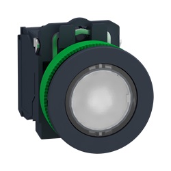 Harmony XB5, pulsante luminoso bianco Ø30 filopannello, ad impulso, plastica, LED universale, 24Vac/dc, NO+NC