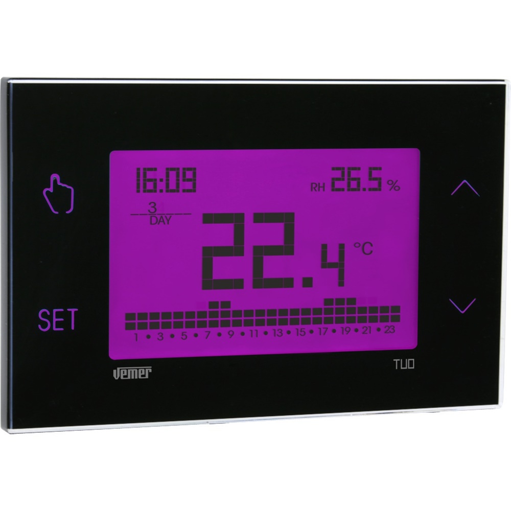 Cronotermostato touch screen nero con programmazione settimanale e display multicolore per controllo temperatura ambiente