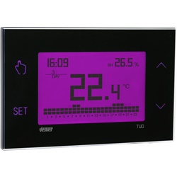Cronotermostato touch screen nero con programmazione settimanale e display multicolore per controllo temperatura ambiente