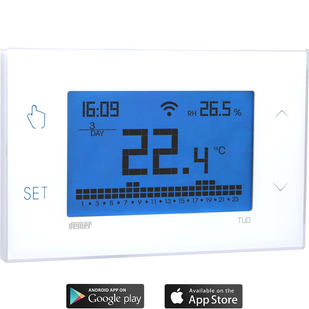 Cronotermostato elettronico touch screen Wi-Fi e radiofrequenza con umidostato da parete per controllo remoto e programmazione settimanale