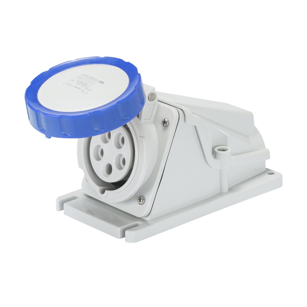 PRESA FISSA DA PARETE A 90° - IP67 - 3P+N+T 32A 200-250V 50/60HZ - BLU - 9H - CABLAGGIO A VITE