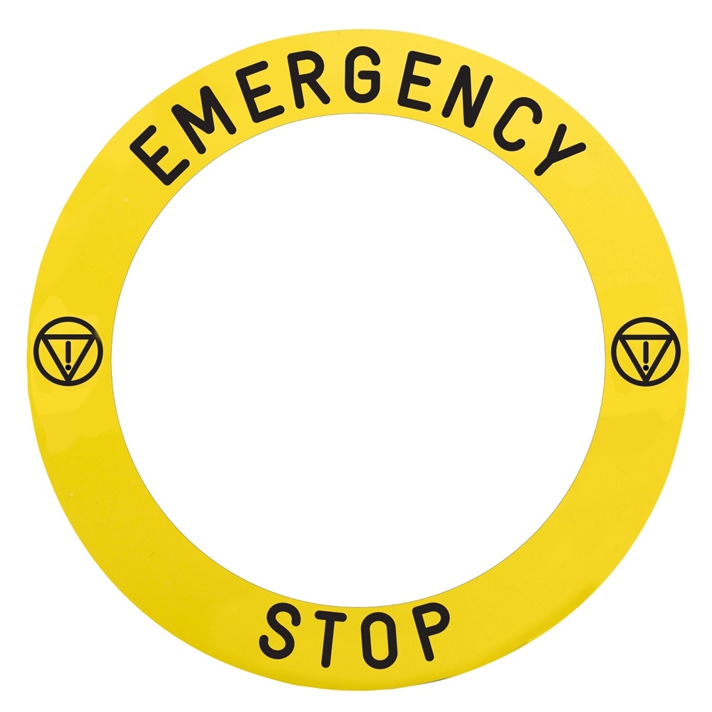Etichetta gialla EMERGENCY STOP diam.90mm specifica per fungo emergenza luminoso