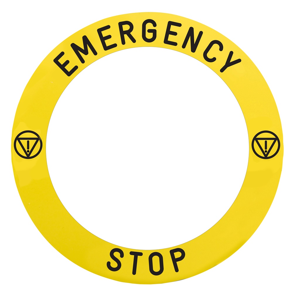 Etichetta gialla EMERGENCY STOP diam.90mm specifica per fungo emergenza luminoso