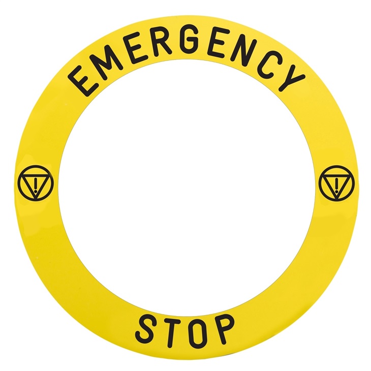 Etichetta gialla EMERGENCY STOP diam.90mm specifica per fungo emergenza luminoso