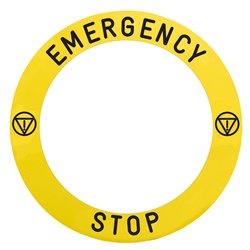 Etichetta gialla EMERGENCY STOP diam.90mm specifica per fungo emergenza luminoso