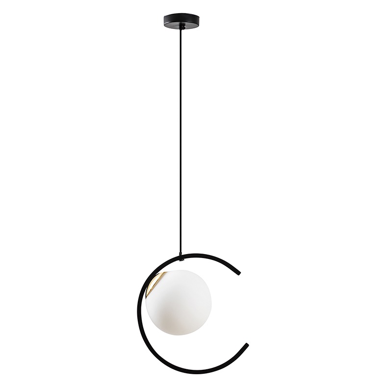 Sospensione design moderno metallo nero opaco dettagli oro vetro satinato E27 interno
