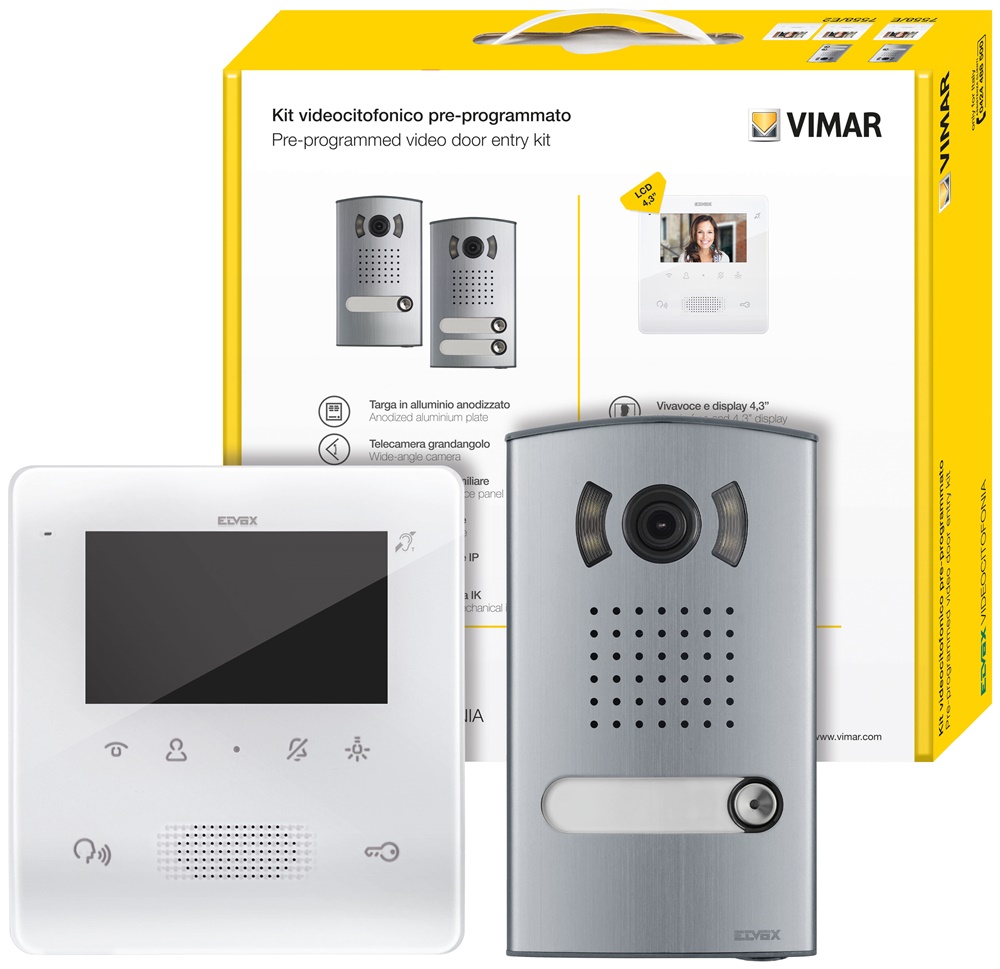 Kit videocitofonico monofamiliare vivavoce colori 4,3 Due Fili Plus per installazione parete/incasso
