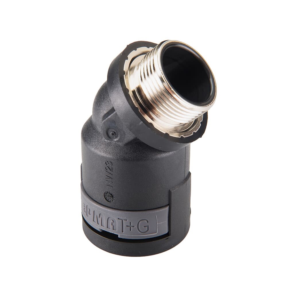 Raccordo elettrico 45° NW17 filettatura M20 PA6 ottone nichelato IP68 nero per impianti industriali e civili