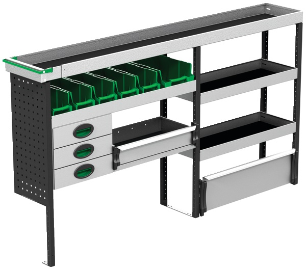 Kit flessibile per furgone con canaletta integrata, 6 cassette modulari, officina mobile compatta e rapida da montare