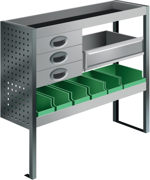 Kit flessibile compatto per furgone con 6 cassette modulari e separatori, officina mobile ottimizzata