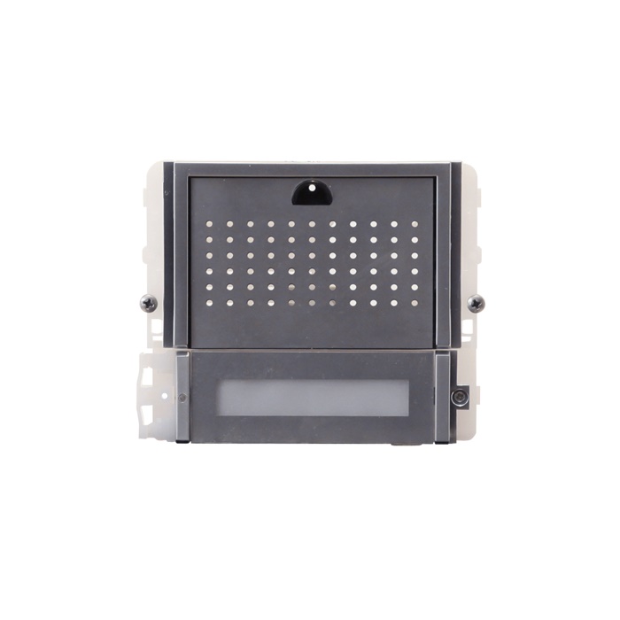 Serie Ikall Metal - Modulo 1 pulsante predisposto per unità audio, finitura acciaio inox, cartellini portanome, illuminazione LED blu/bianco/spento