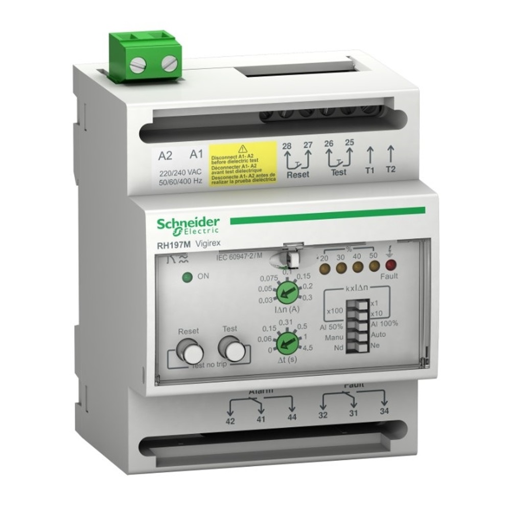 Relè di protezione corrente differenziale, VigiPacT RH197M, 30mA-30A, 48VAC 50/60Hz, 24/130VDC, allarme 50% o 100%, guida DIN