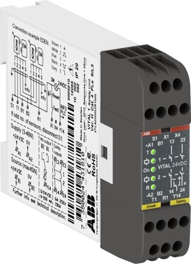 Modulo sicurezza Vital 1 con uscite relè 2NO, alimentazione 24 VDC, monitoraggio dispositivi sicurezza emergenza, montaggio guida DIN, connessione DYNlink per impianti industriali
