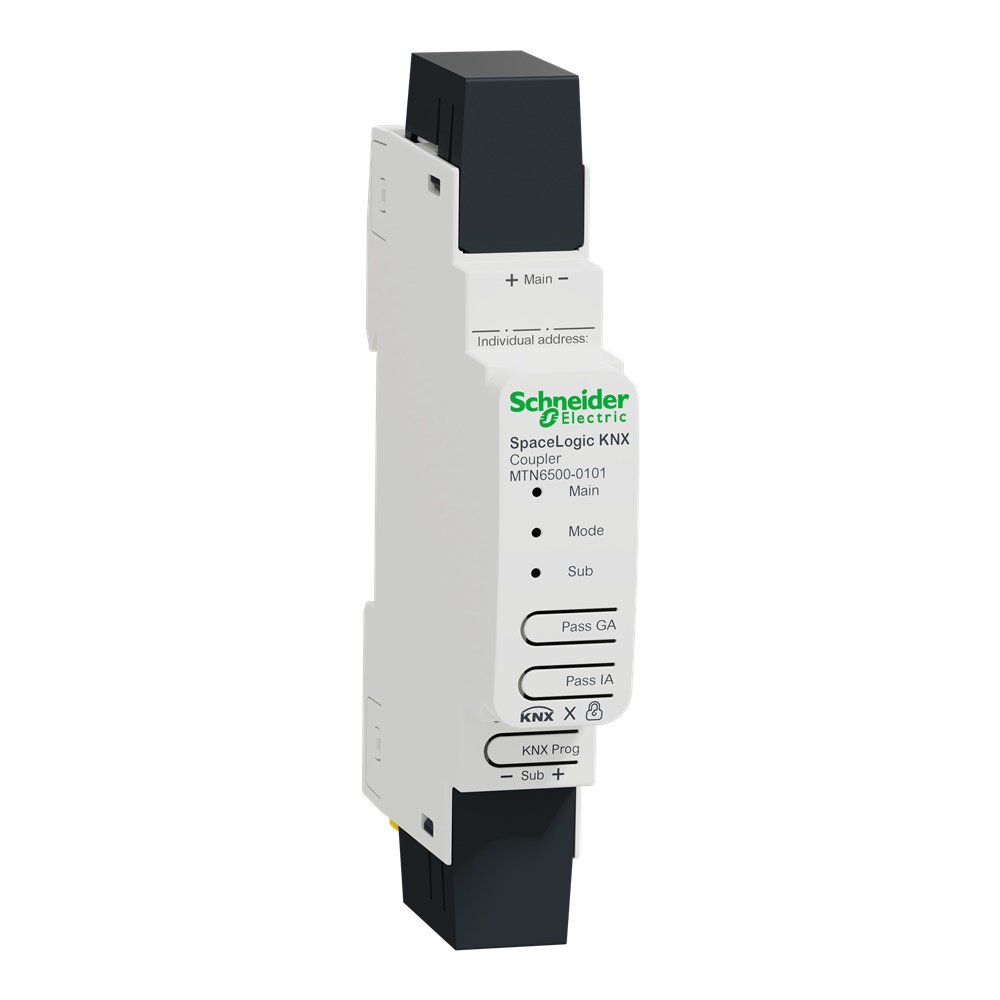 Accoppiatore SpaceLogic KNX guida DIN isolamento elettrico linee aree sicurezza KNX