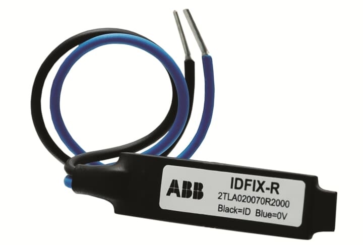 IDFIX-R identificatore indirizzo fisso per sistema Pluto, accessorio elettrico per controllo e integrazione bus sicurezza, cavi nero e blu, uso industriale e civile