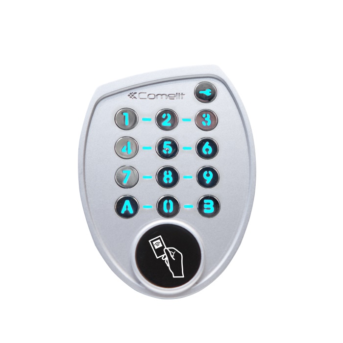 Tastiera antivandalo standalone 24 tasti retroilluminati con lettore RFID Mifare, 500 codici programmabili, relè configurabili, IP54, uso controllo accessi ambienti esterni/interni