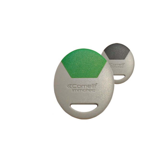 Badge formato porta-chiavi grigio-verde, carta standard controllo accessi