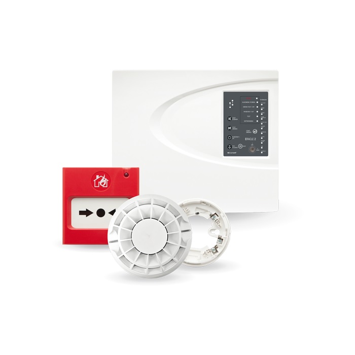 Kit centrale convenzionale 2 zone 43CPC002 + rivelatore fumo 43RFU100 + pulsante 43PAM000 + base diodo 43RBX001