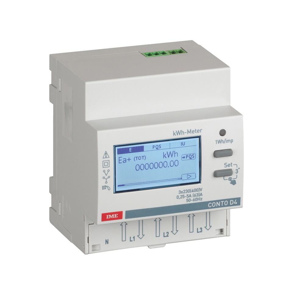 Contatore energia attiva reattiva trifase 63A 4 moduli DIN impulsi classe 1