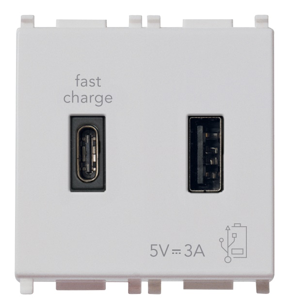 Alimentatore USB A+C 15W 3A 5V doppia uscita ricarica dispositivi elettronici Silver 2 moduli 2 metri