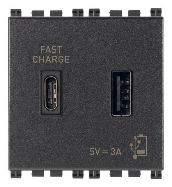 Alimentatore USB A+C 15W 3A 5V doppia uscita ricarica dispositivi mobili grigio 2 moduli
