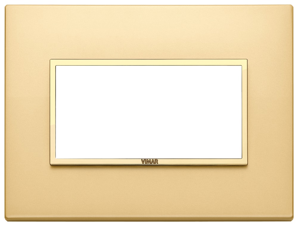Placca 4 moduli alluminio nobilitato cornice oro satinato per installazioni elettriche
