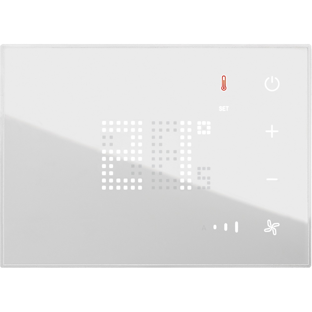 Termostato bianco bus con display touch, controllo temperatura zona singola, compatibile impianti fan-coil