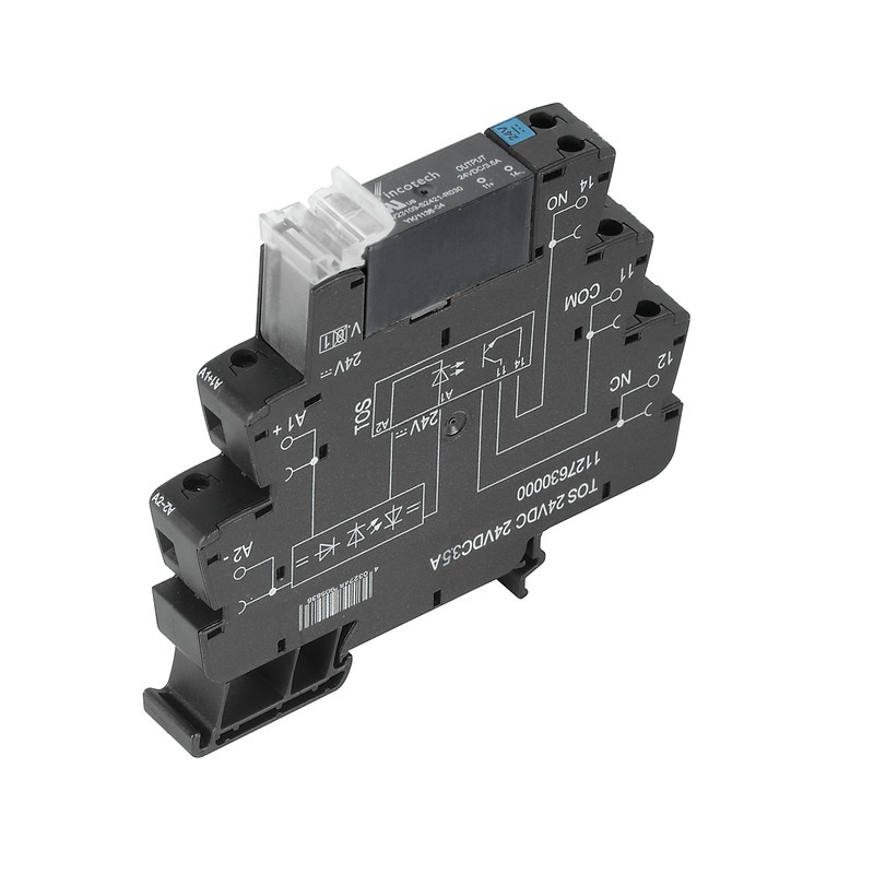 Relè a stato solido 24V DC 5A con protezione inversione polarità e indicatore LED per controllo circuiti industriali