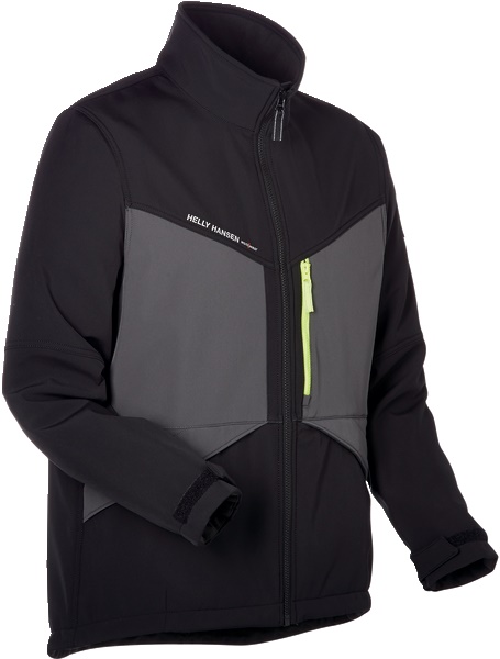 Giacca softshell Aker nera/grigia elastica con tasche multiple e strisce rifrangenti per installatori elettrici