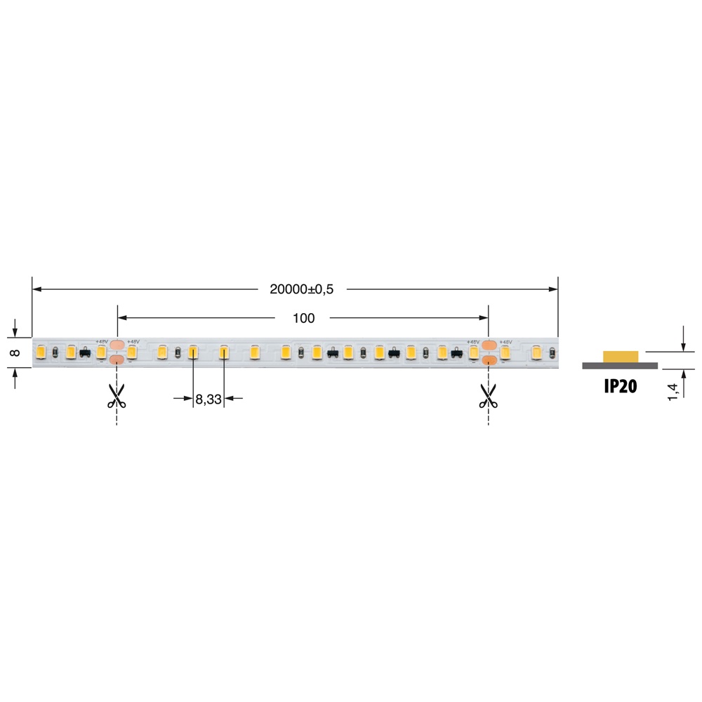 Striscia LED 8W/m 48V IP20 CRI90 luce naturale per interni uso decorativo e funzionale